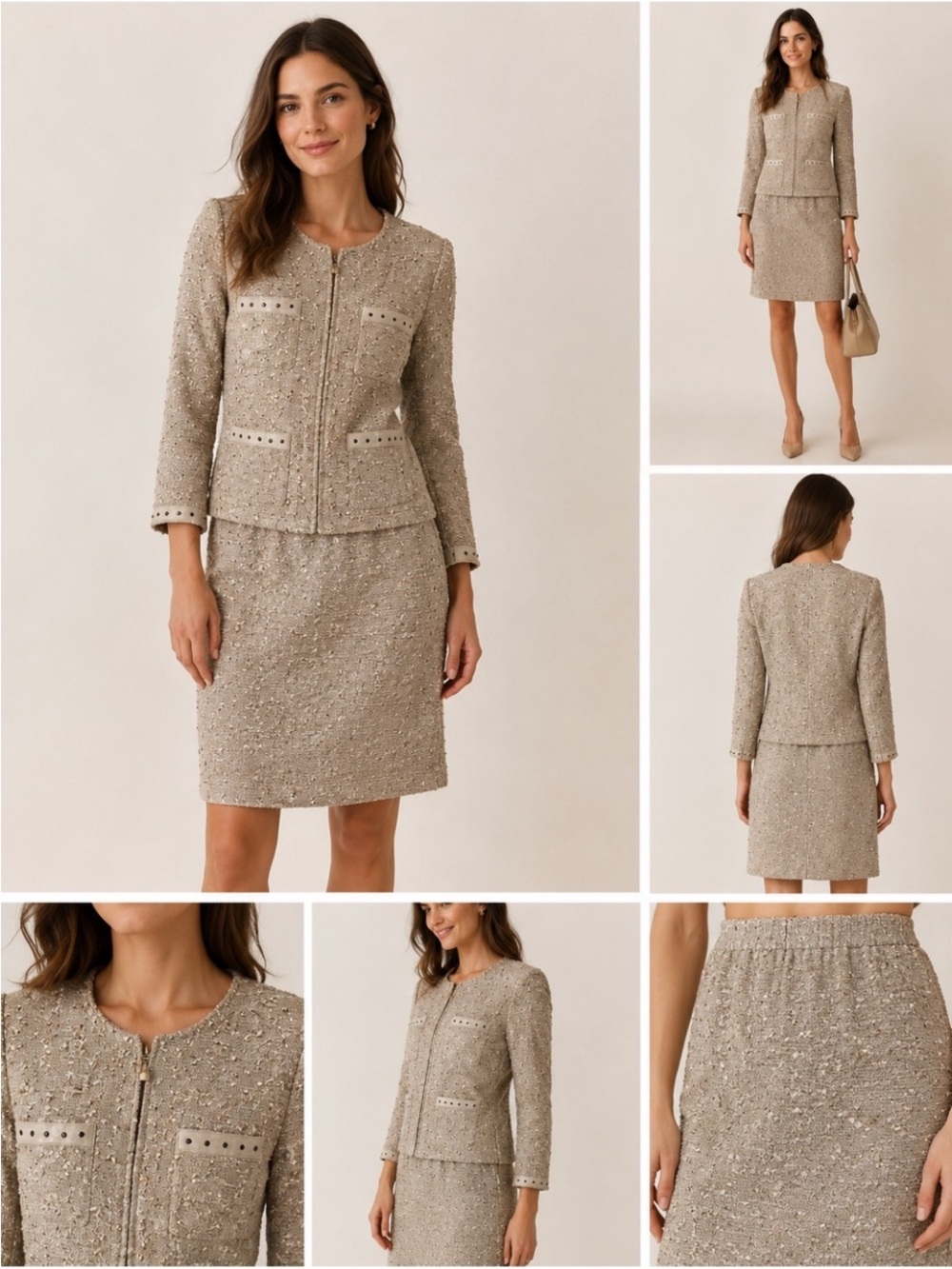 St. John Textured Beige Tweed Skirt Jacket 2 pc Suit Sz 2